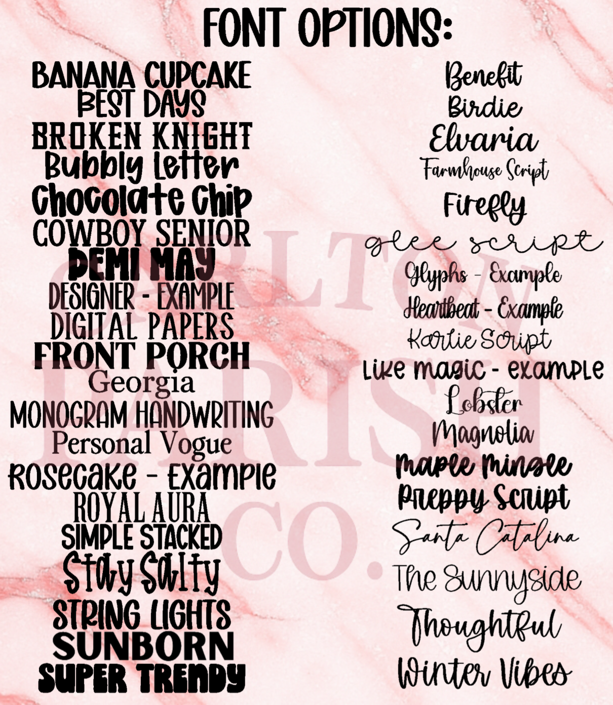 List of font options on a pink marble background with 'Carlton Parish Co.' branding.