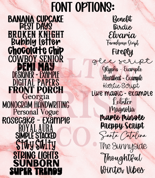 List of font options on a pink marble background with 'Carlton Parish Co.' branding.