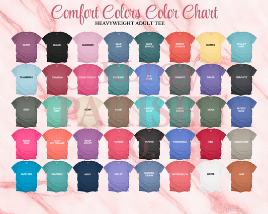 Color chart for Comfort Colors heavyweight adult tees with various color options.