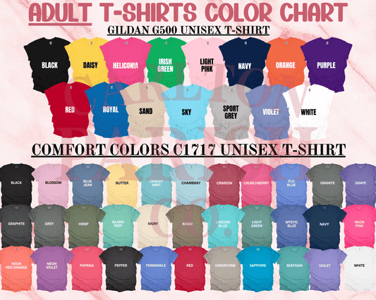 Color chart for Comfort Colors heavyweight adult tees with various color options.