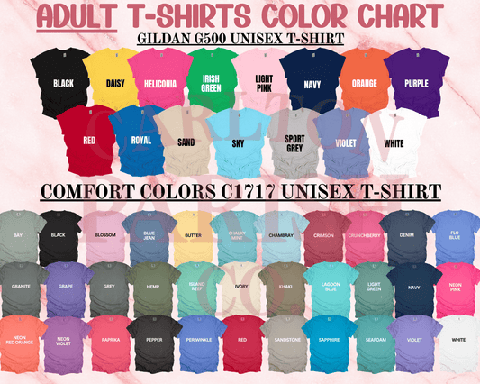 Color chart for Comfort Colors heavyweight adult tees with various color options.