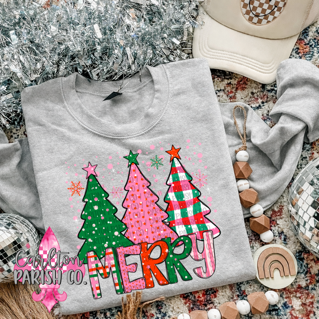 Pink Merry Christmas Trees Graphic Tee