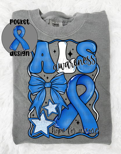 Gray sweatshirt with ALS awareness design featuring blue ribbons and stars on a white background