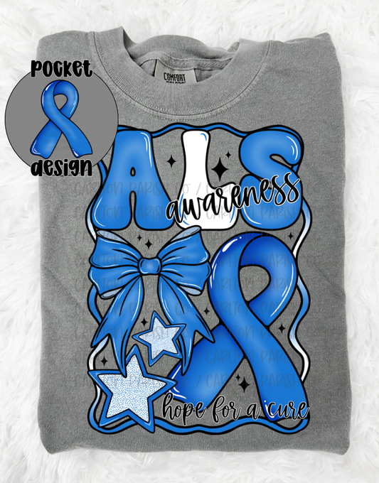 Gray sweatshirt with ALS awareness design featuring blue ribbons and stars on a white background