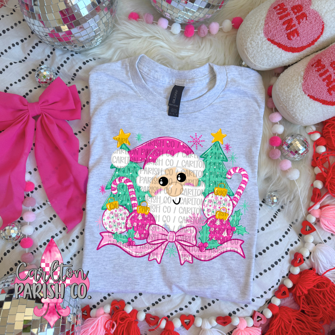 Pink Santa Christmas Ornaments and Bow Graphic Tee