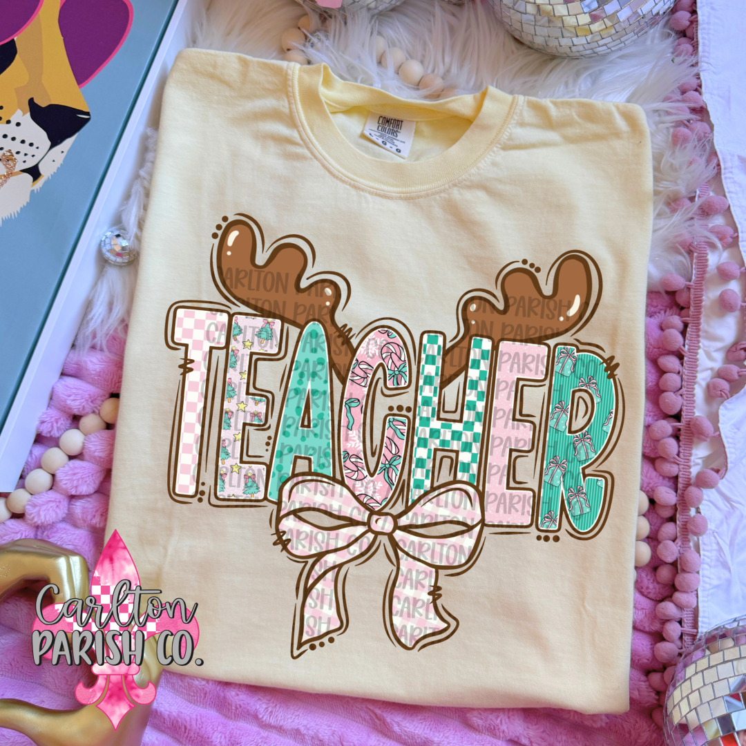 Pink Teacher Christmas Reindeer Antlers Graphic Tee