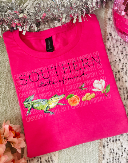 Pink t-shirt with 'Southern state of mind' text, frog graphic, and flowers on a textured surface.