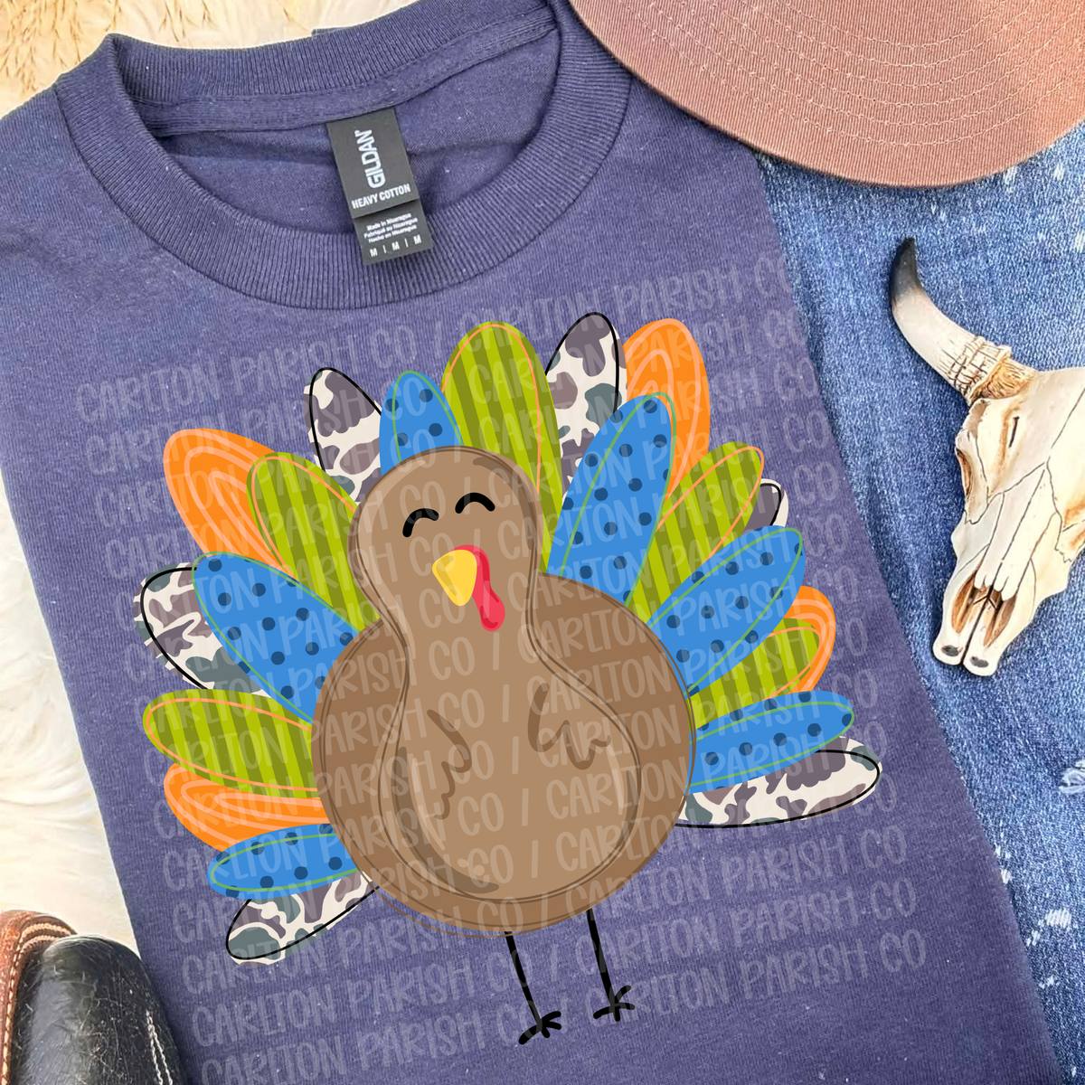 Boys Camo Turkey Shirt With Blue Feathers