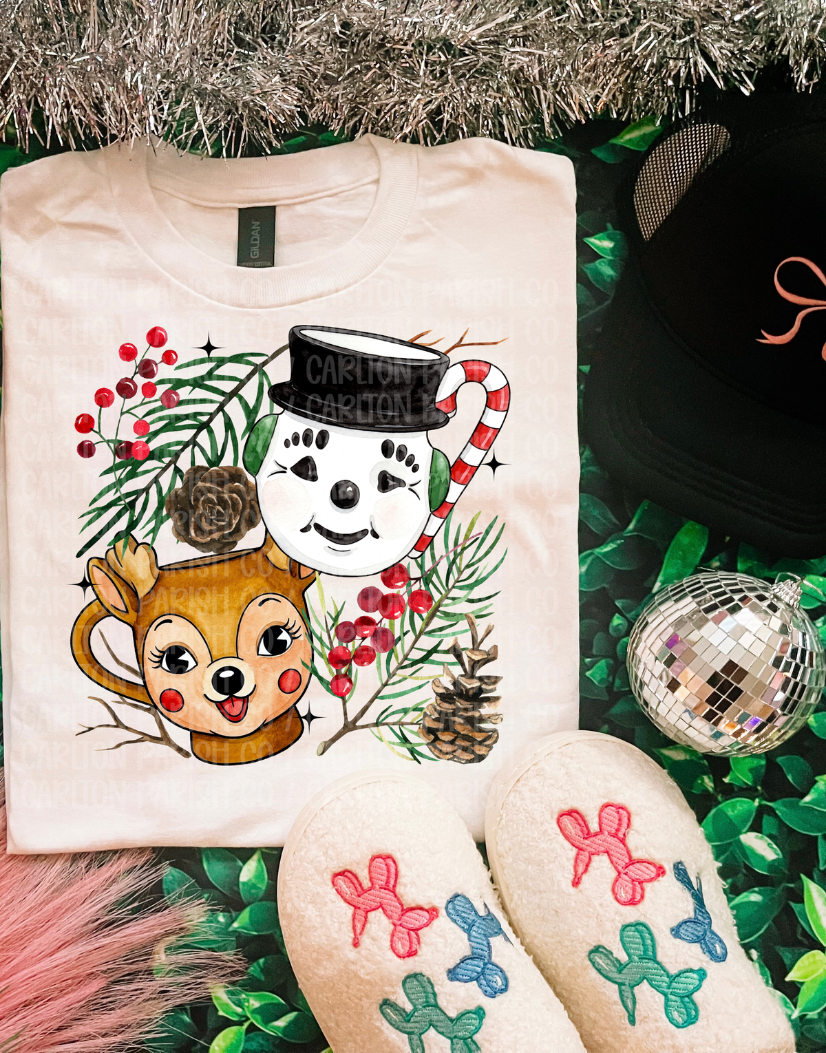 Vintage Christmas Mugs Rudolph and Santa Graphic Tee